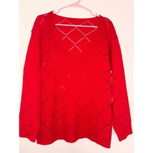 Red Diamond Pointelle Knit V-Neck Sweater Long Sleeve Pullover